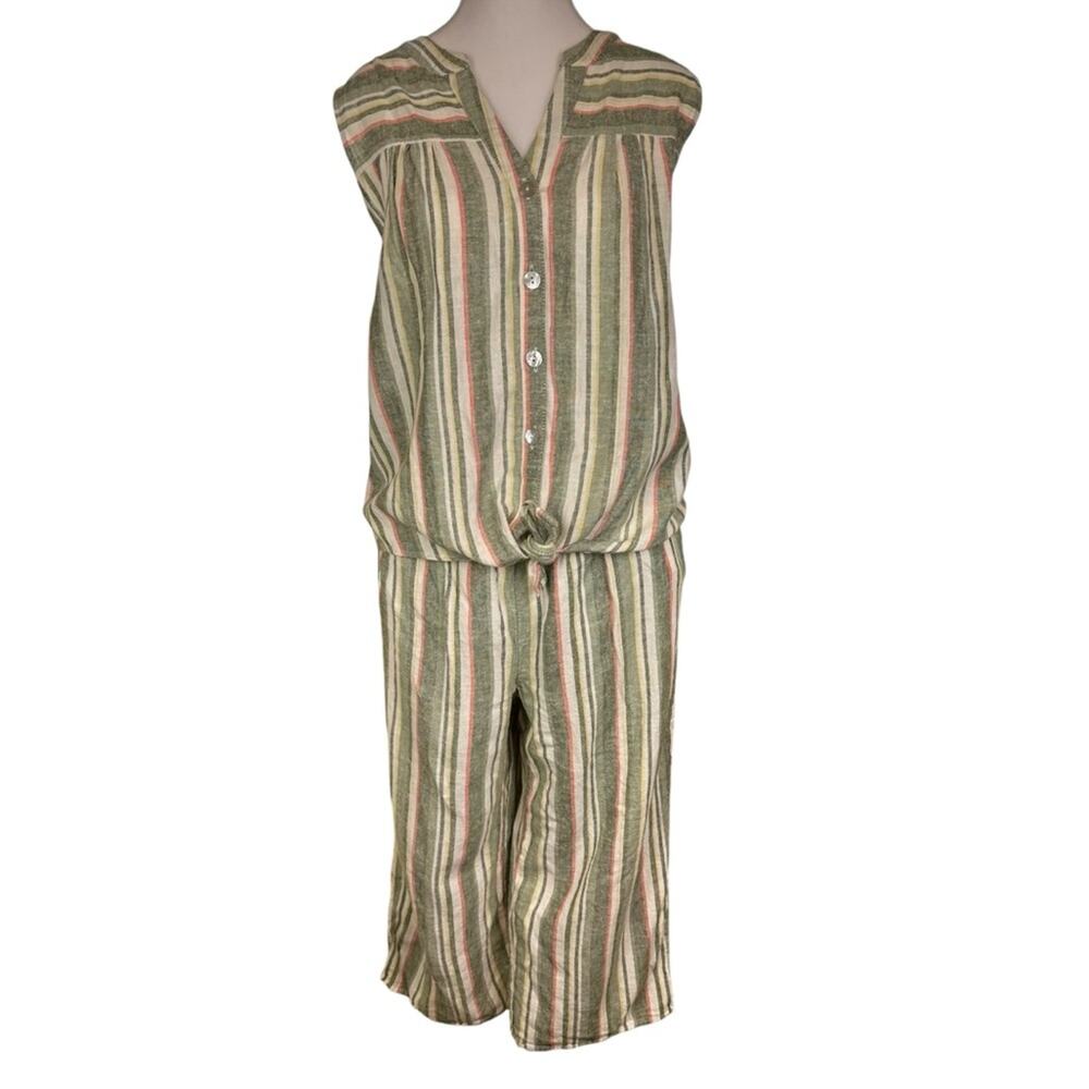 Ruby Rd Linen Blend Striped Cropped Pant Shirt Set Size Medium Petite Green